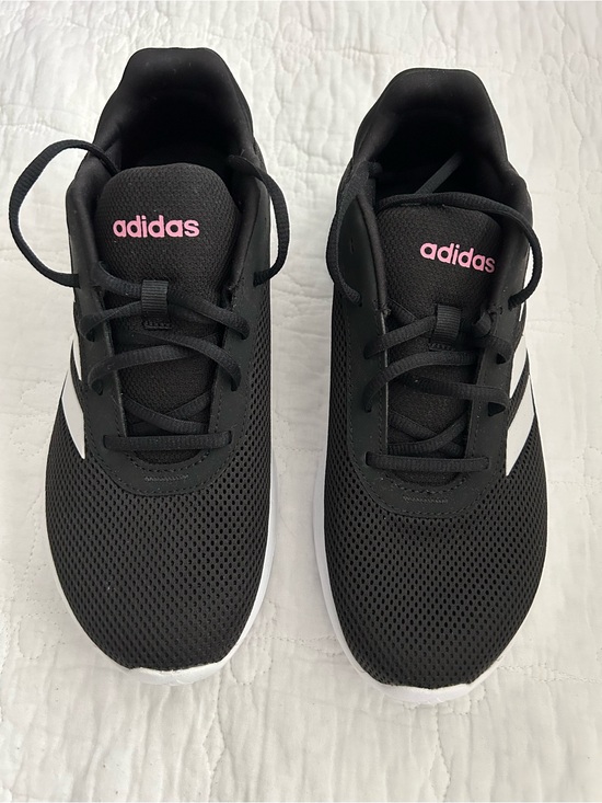 adidas Shoes - adidas Women’s Black Sneakers with Pink Logo and White Stripes